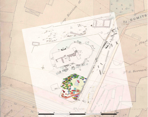 Fig. 1. Cercetările arheologice realizate la Biserica „Sfântul Dumitru-Poştă” 2021. Planul general suprapus peste cercetările realizate în 2007 și planul Bucureștiului de la 1895-1899.
